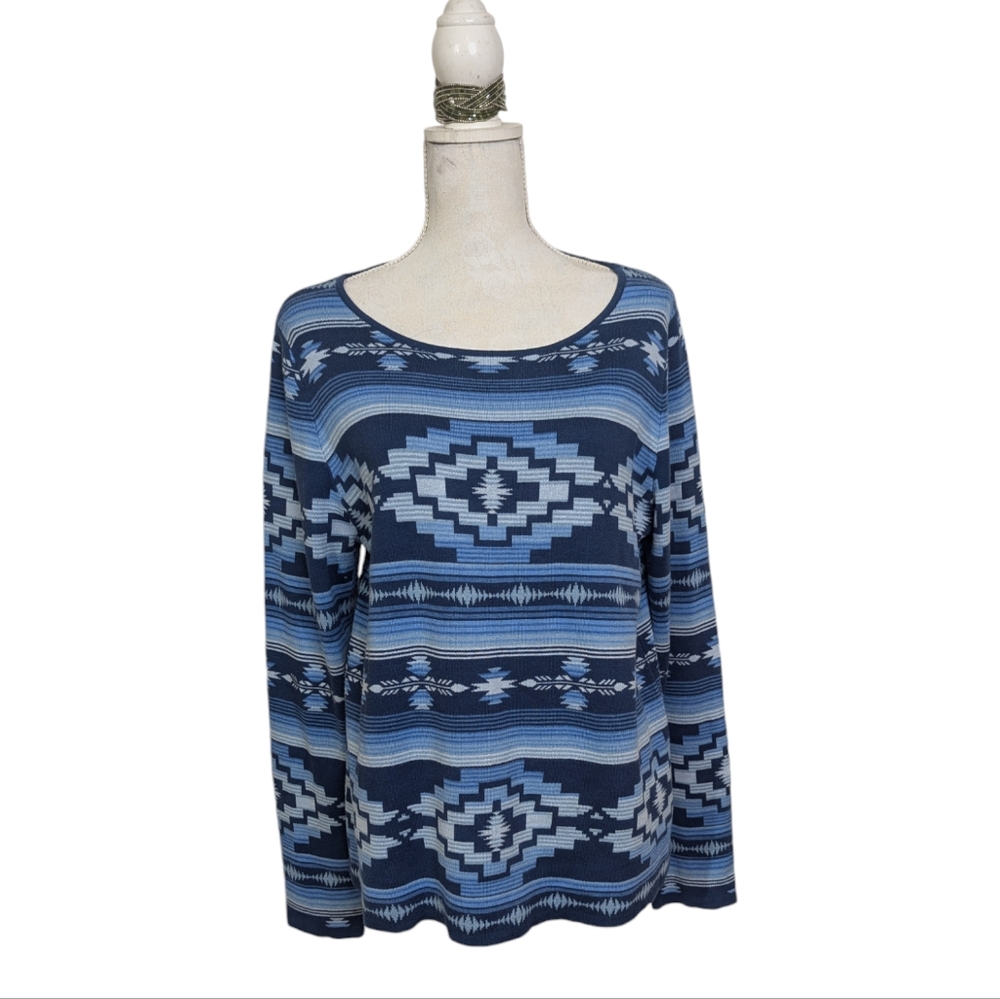 Outback Trading Co Geometric Patterned knit Top Blue and White Size L